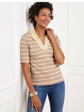 Talbots Crotchet trim polo cream stripe Sz XL petite classic short sleeve